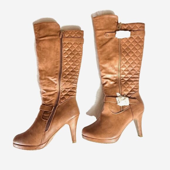 Top Moda Brown Quilted Knee High Boots Women’s 10 New 3” Heel Gold Hardware - Picture 5 of 14